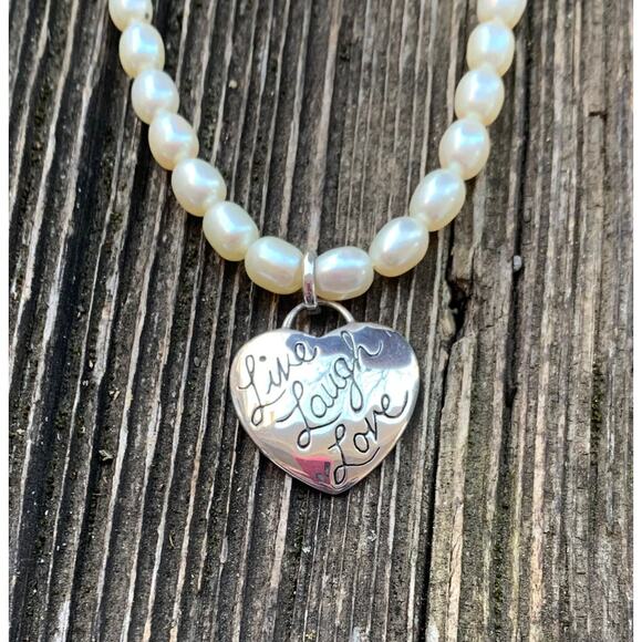 LIve Laugh Love Sterling Silver Heart and Freshwater Pearl Necklace - Picture 3 of 8